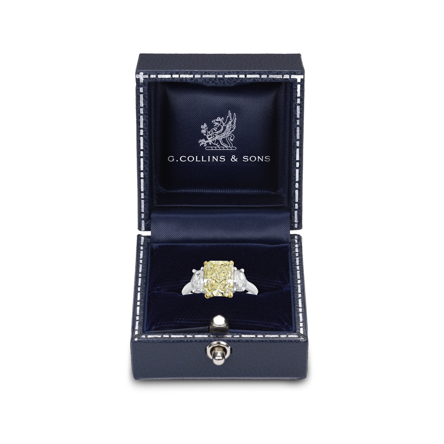 3.16cts Radiant Cut Fancy Yellow Diamond Three Stone Ring