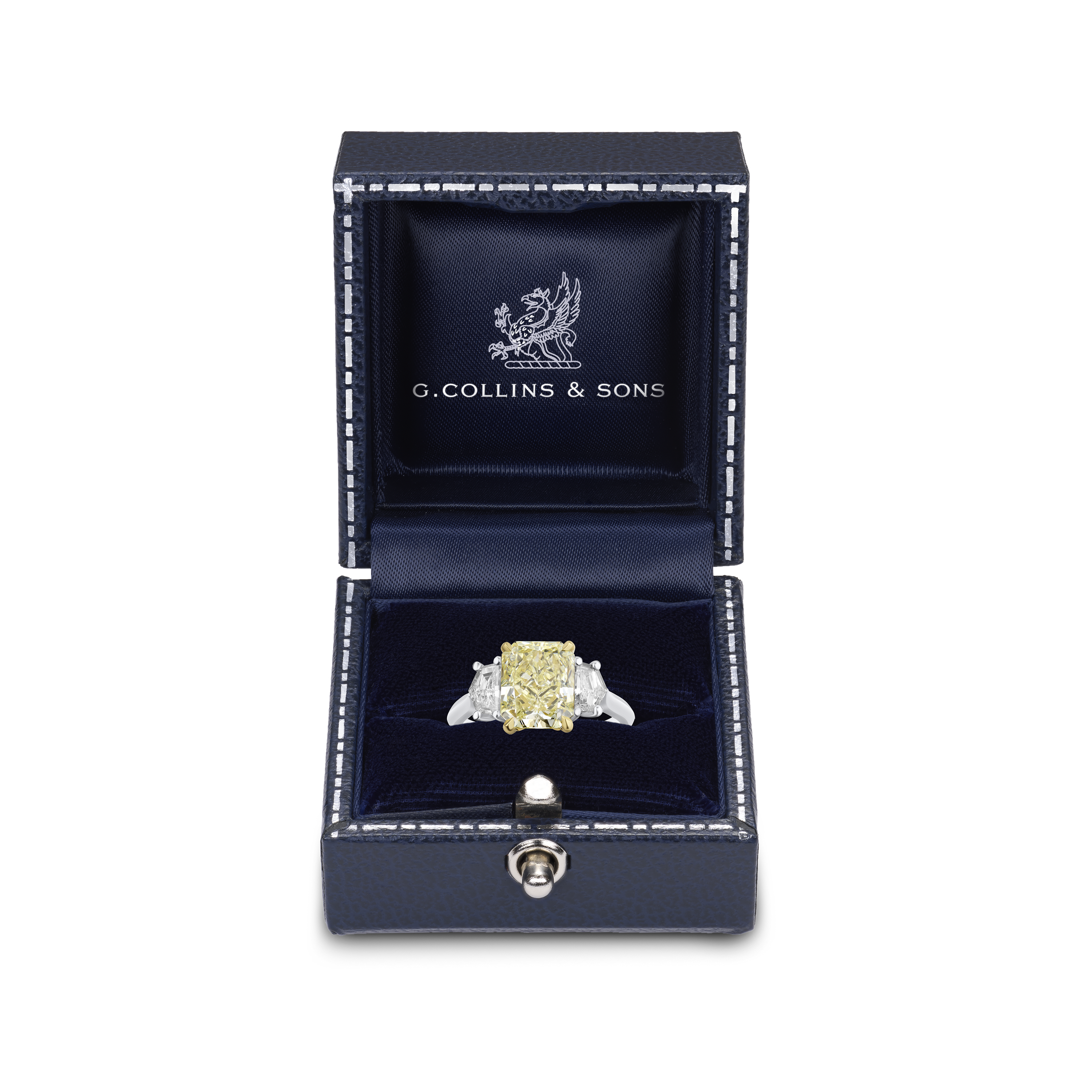 3.16cts Radiant Cut Fancy Yellow Diamond Three Stone Ring