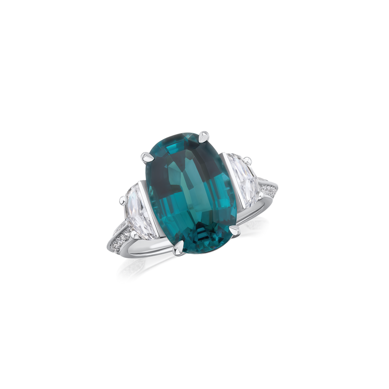 5.44cts Indicolite Tourmaline and Diamond Three Stone Ring