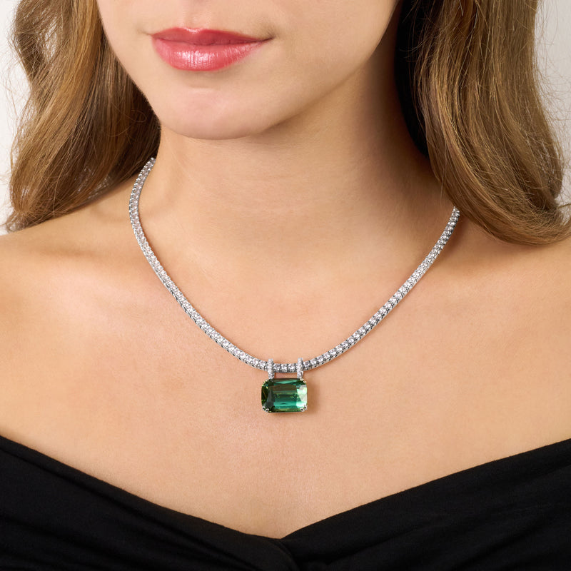 22.81cts Green Tourmaline Pendant Running On A Diamond Line Necklace