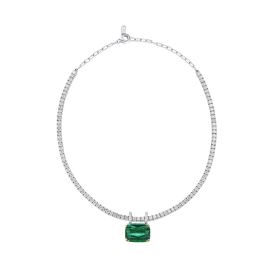 22.81cts Green Tourmaline Pendant Running On A Diamond Line Necklace