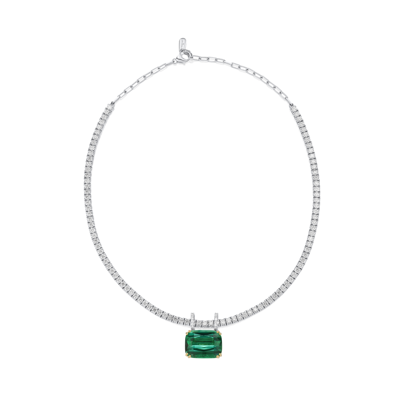 22.81cts Green Tourmaline Pendant Running On A Diamond Line Necklace