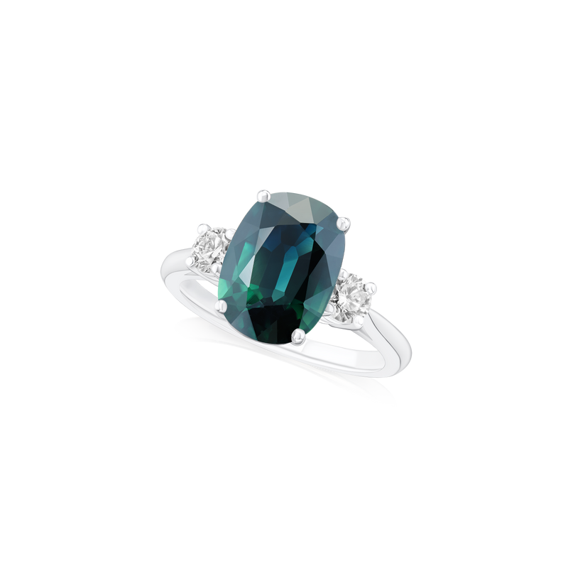 4.13ct Teal Sapphire and Diamond Three Stone Ring