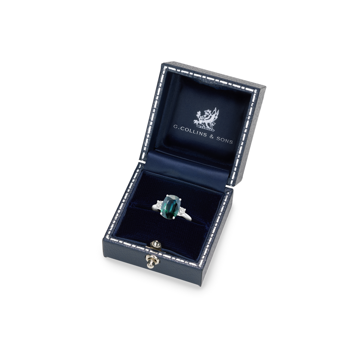 Teal Sapphire and Diamond Three Stone Ring
