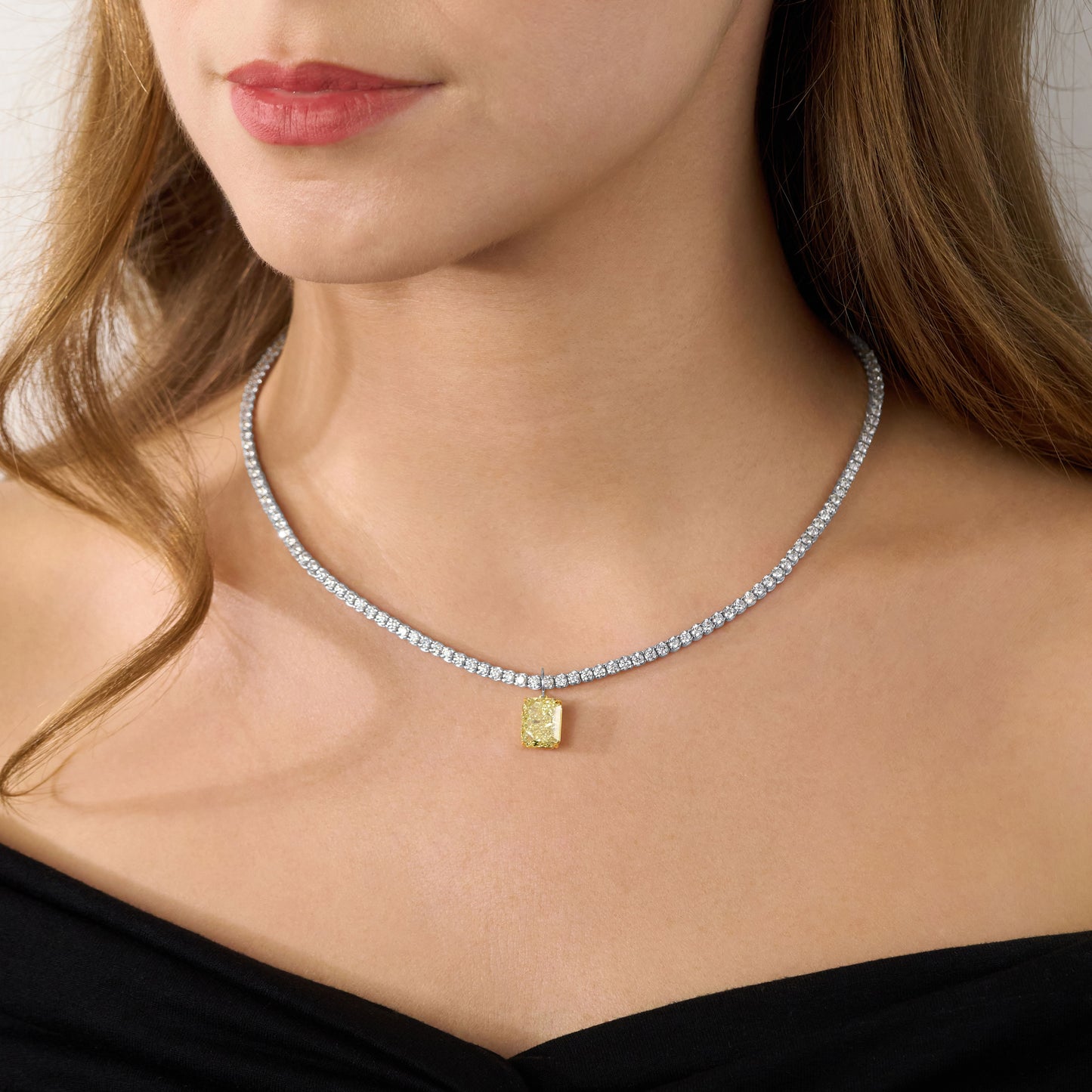 5.08ct Radiant Cut Yellow Diamond Pendant Running On A Diamond Line Necklace