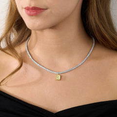5.08ct Radiant Cut Yellow Diamond Pendant Running On A Diamond Line Necklace