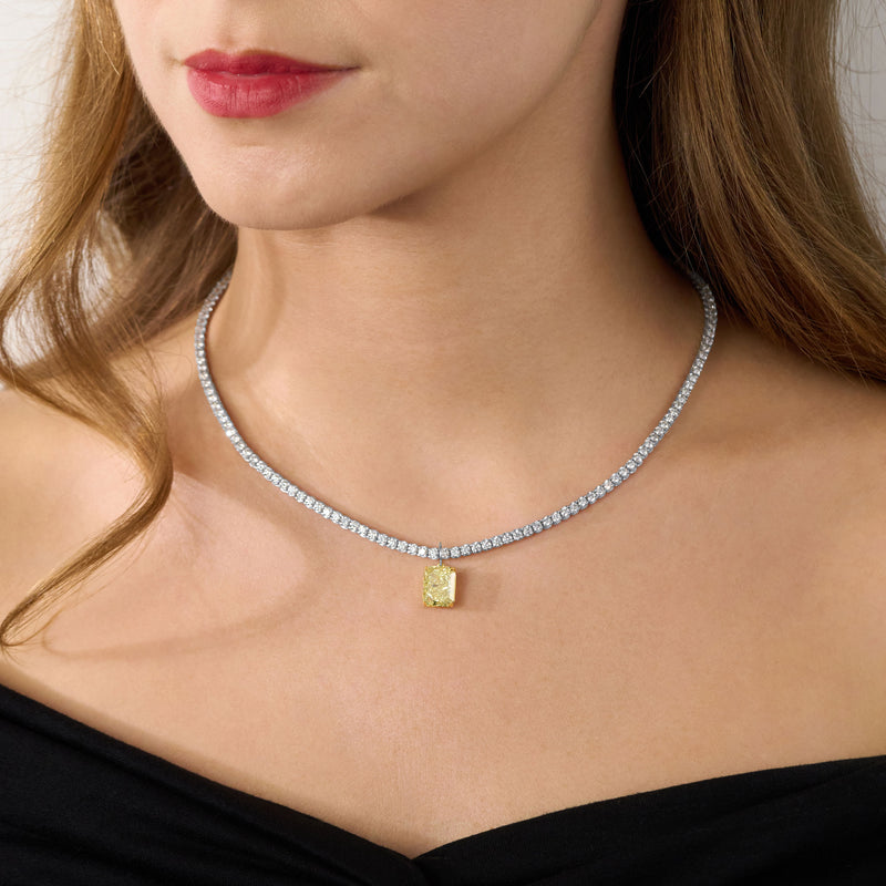 5.08ct Radiant Cut Yellow Diamond Pendant Running On A Diamond Line Necklace