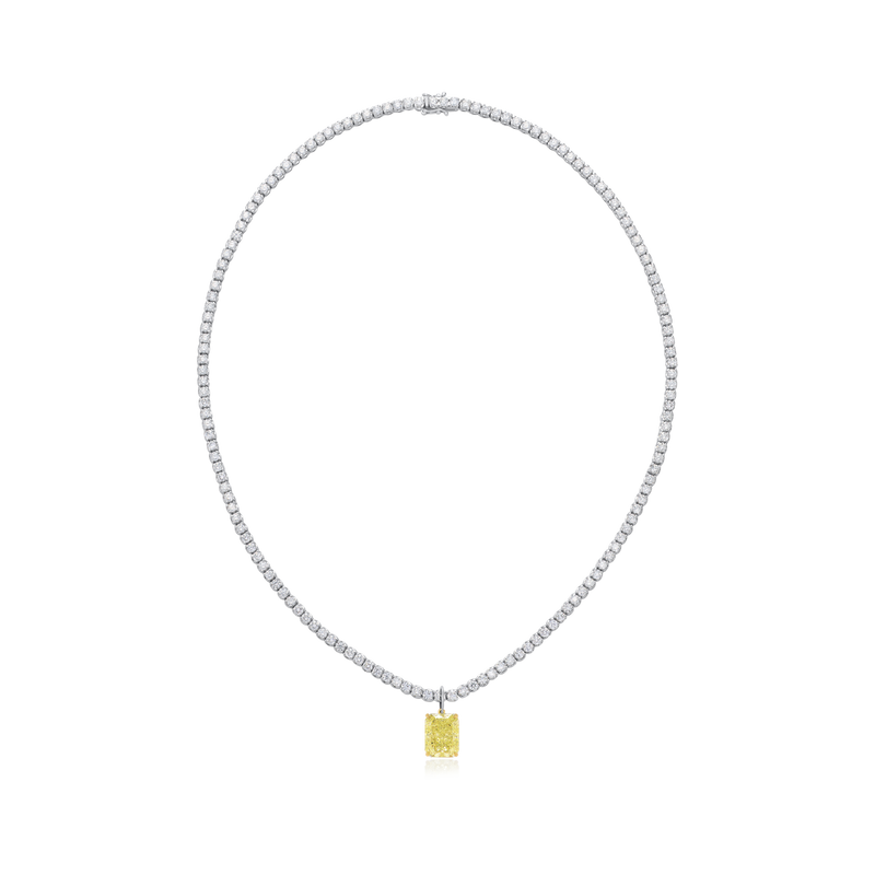 5.08ct Radiant Cut Yellow Diamond Pendant Running On A Diamond Line Necklace
