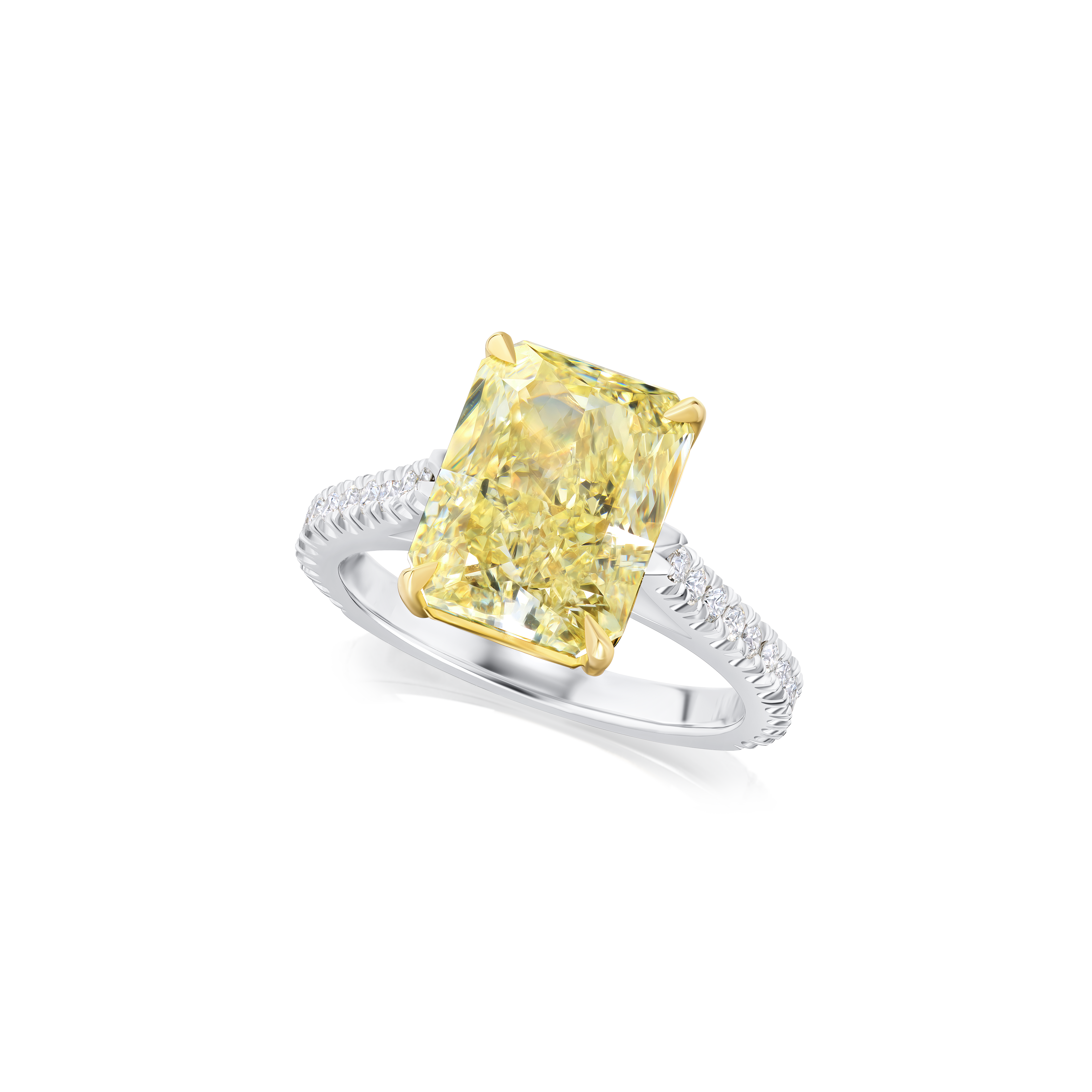 5.51ct Radiant Cut Yellow Diamond Ring With Diamond Set Shoulders and Bezels