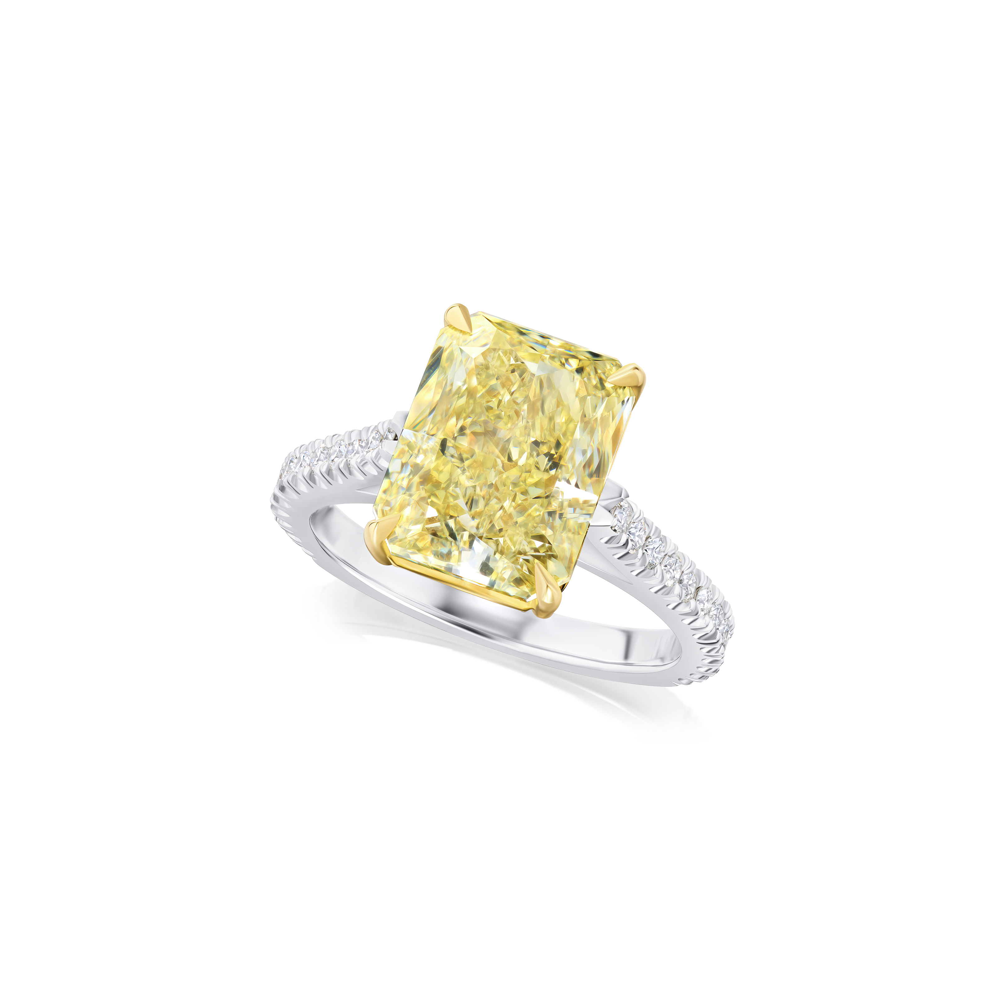5.51ct Radiant Cut Yellow Diamond Ring With Diamond Set Shoulders and Bezels