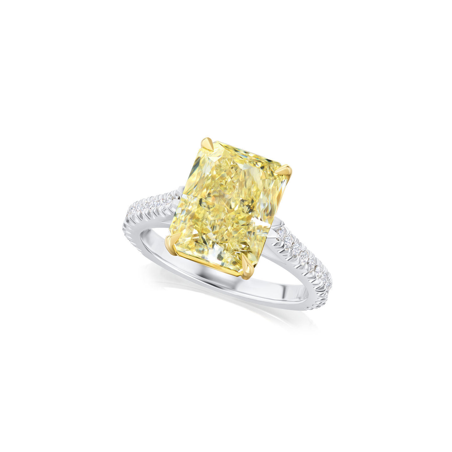 5.51ct Radiant Cut Yellow Diamond Ring With Diamond Set Shoulders and Bezels