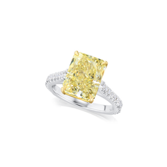 5.51ct Radiant Cut Yellow Diamond Ring With Diamond Set Shoulders and Bezels
