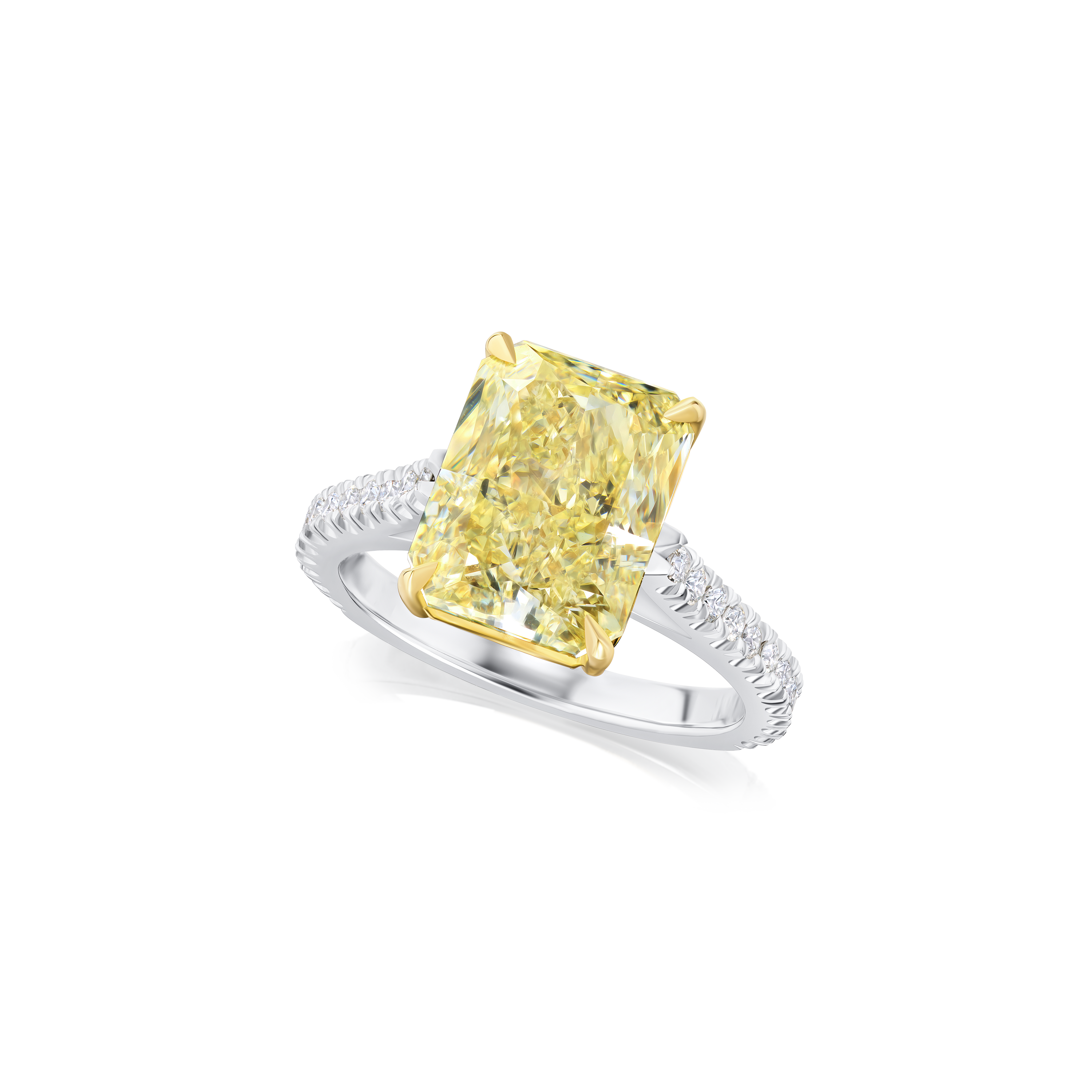 5.51ct Radiant Cut Yellow Diamond Ring With Diamond Set Shoulders and Bezels