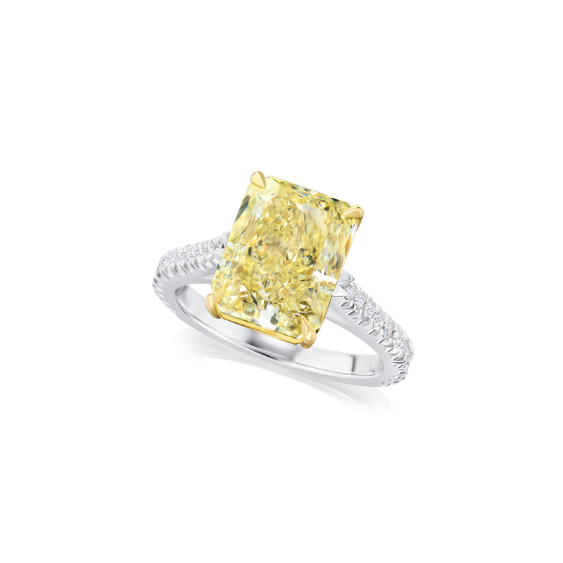5.51ct Radiant Cut Yellow Diamond Ring With Diamond Set Shoulders and Bezels