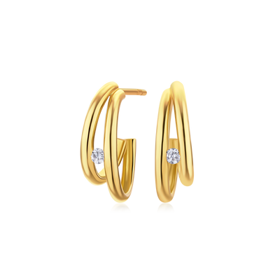 18ct Yellow Gold Double Hoop Earrings With A Round Brilliant Cut Diamond