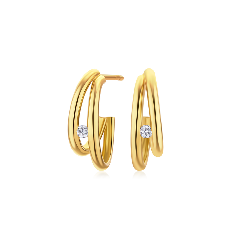 18ct Yellow Gold Double Hoop Earrings With A Round Brilliant Cut Diamond