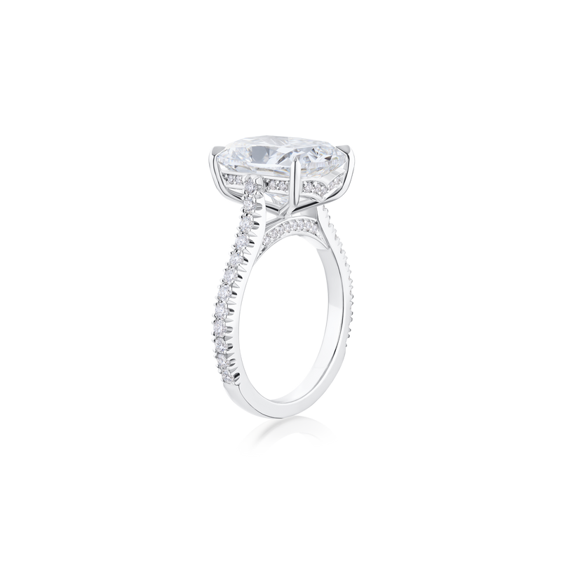 6.01ct Cushion Cut Diamond Ring With Diamond Set Shoulders and Bezels