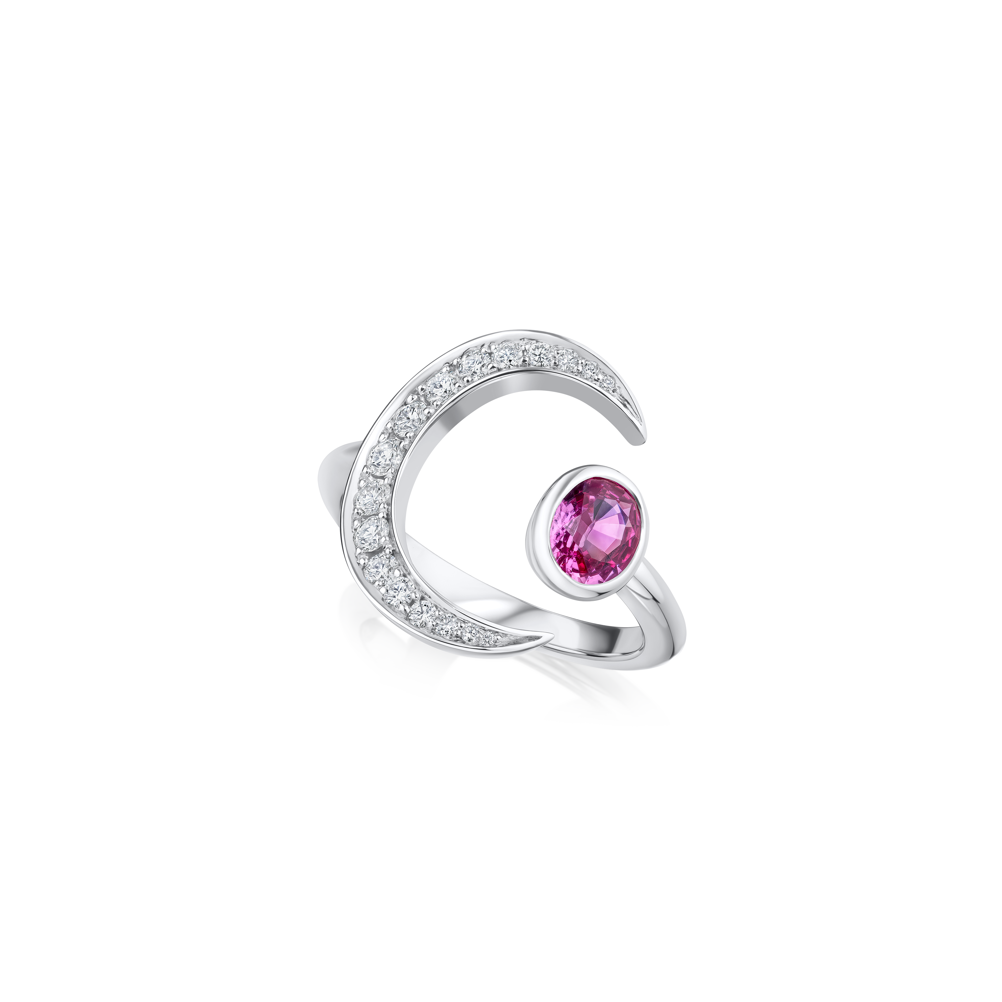 Diamond Set Moon and Padparadscha Sapphire Ring