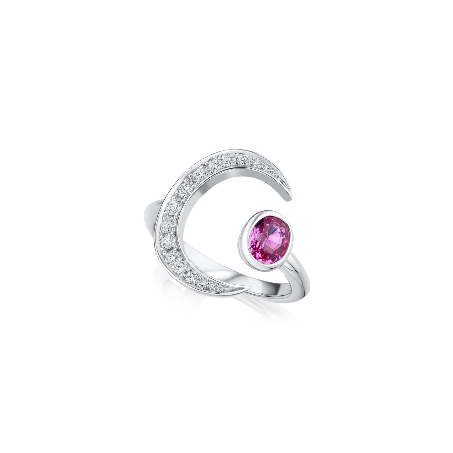 Diamond Set Moon and Padparadscha Sapphire Ring
