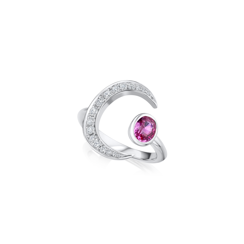 Diamond Set Moon and Padparadscha Sapphire Ring