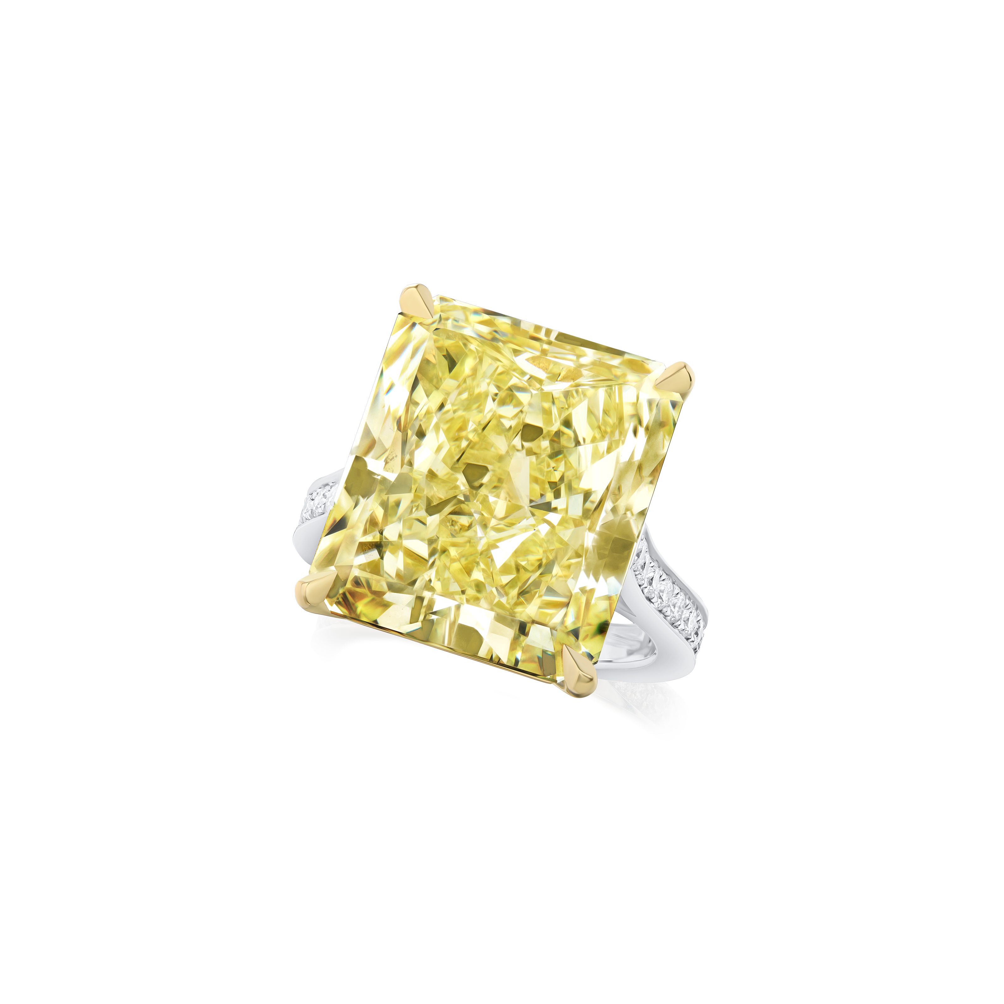 20.52ct Radiant Cut Yellow Diamond Ring With Diamond Set Shoulders