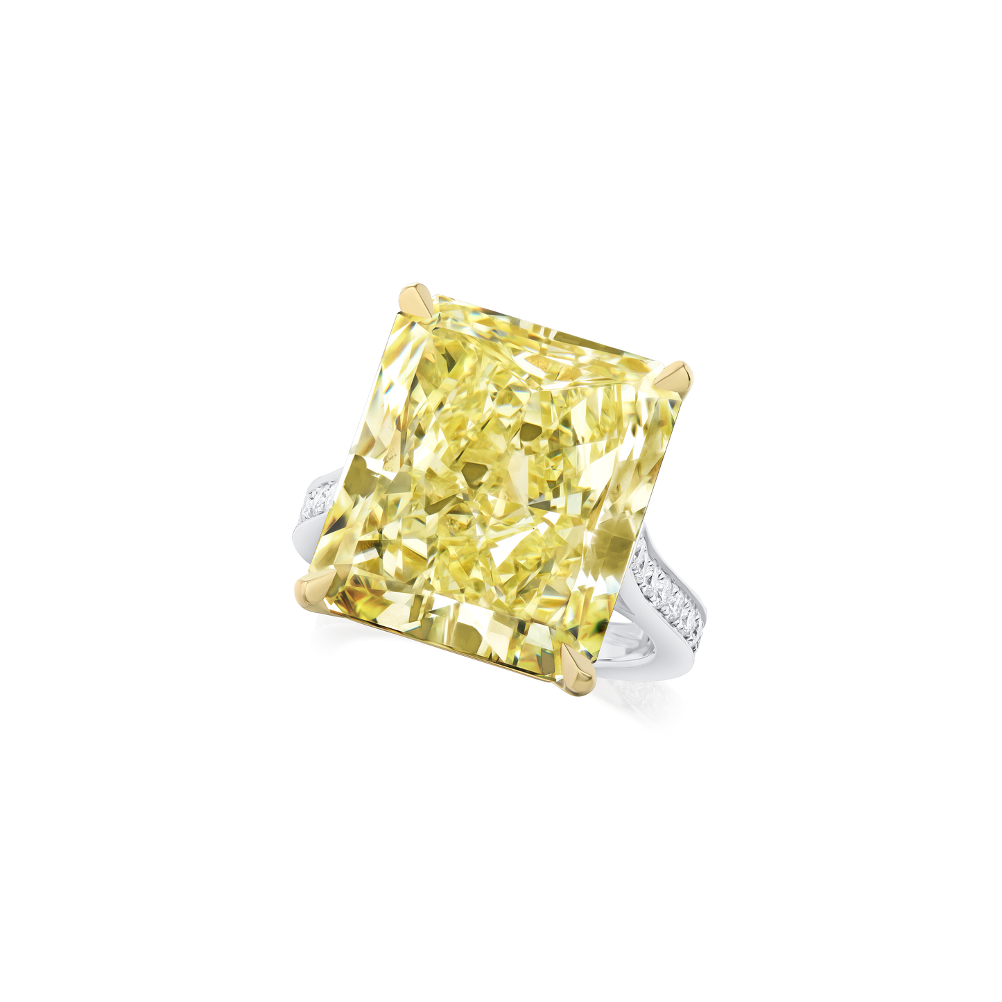 20.52ct Radiant Cut Yellow Diamond Ring With Diamond Set Shoulders