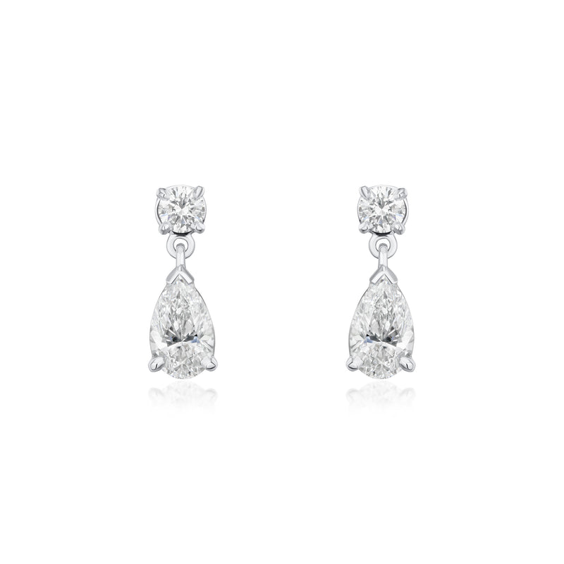 Pear Shape and Round Brilliant Cut Diamond Drop Earrings