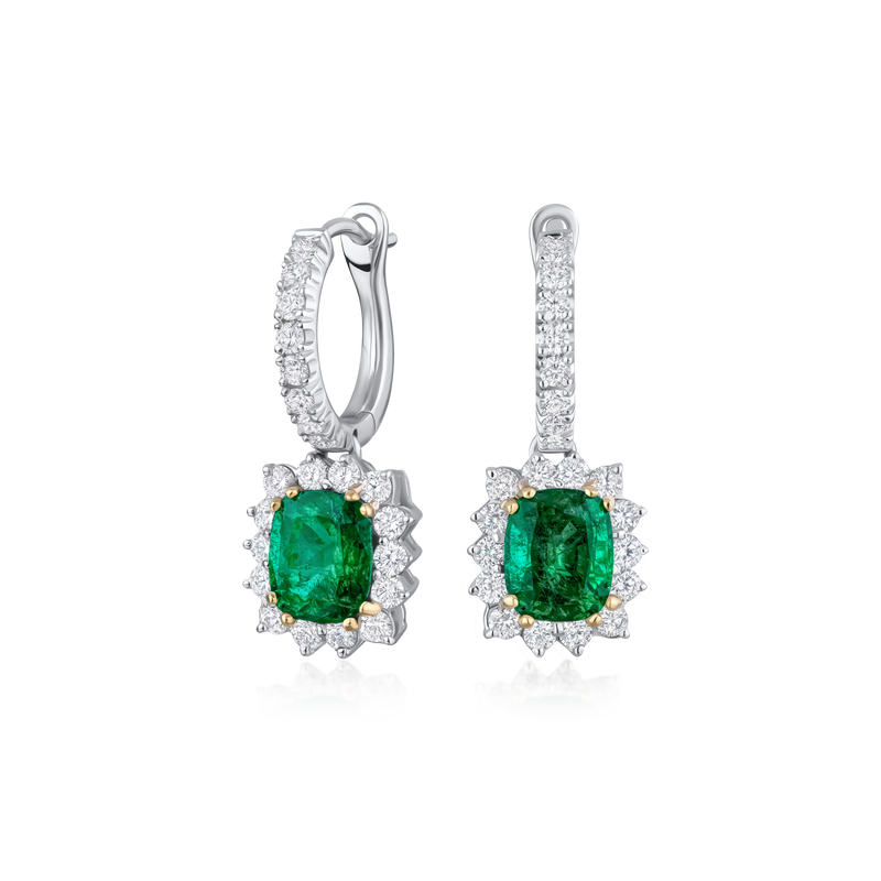2.06ct Emerald and Diamond Cluster Drop Earrings