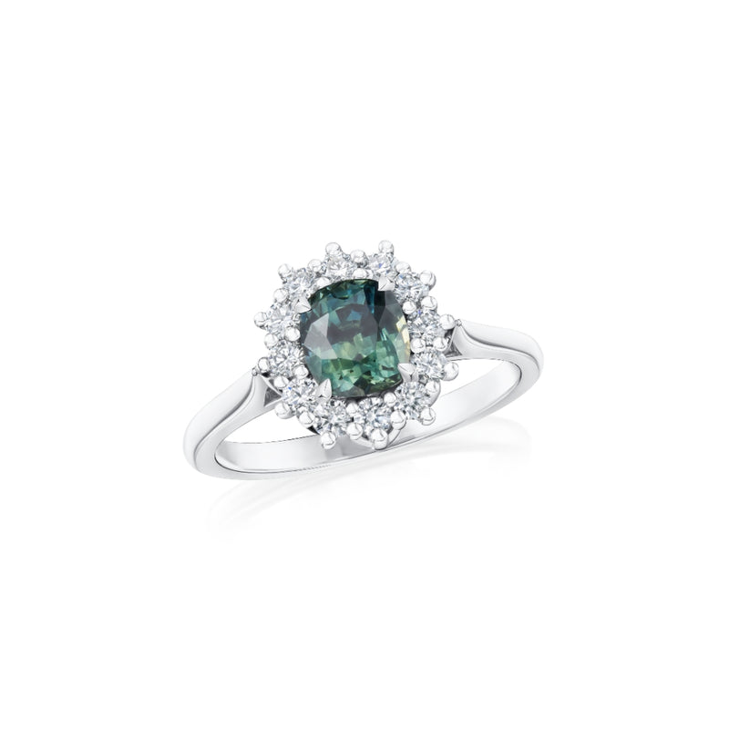 1.52cts Green Blue Sapphire and Diamond Cluster Ring