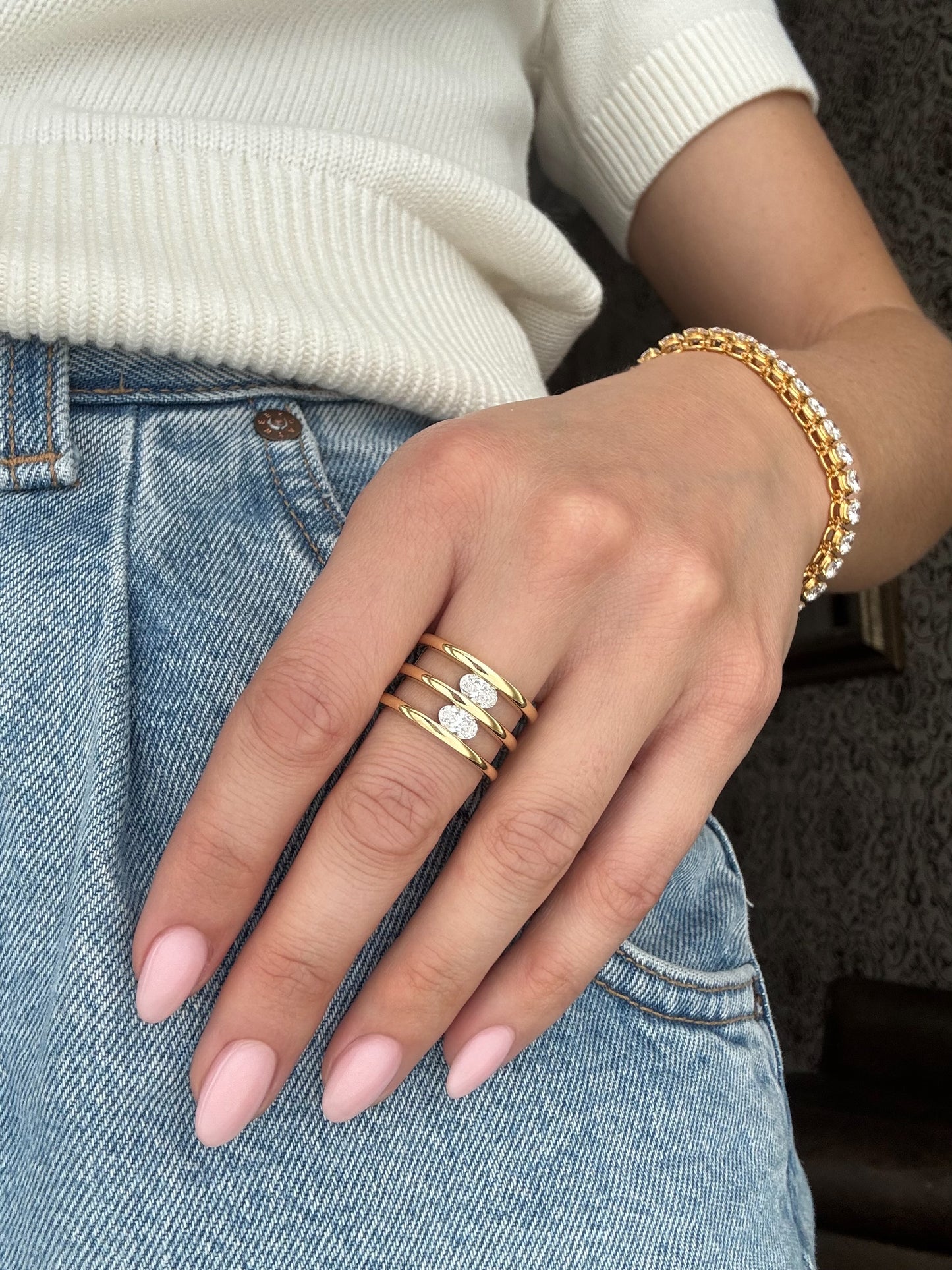 Oval Diamond Triple Band Ring