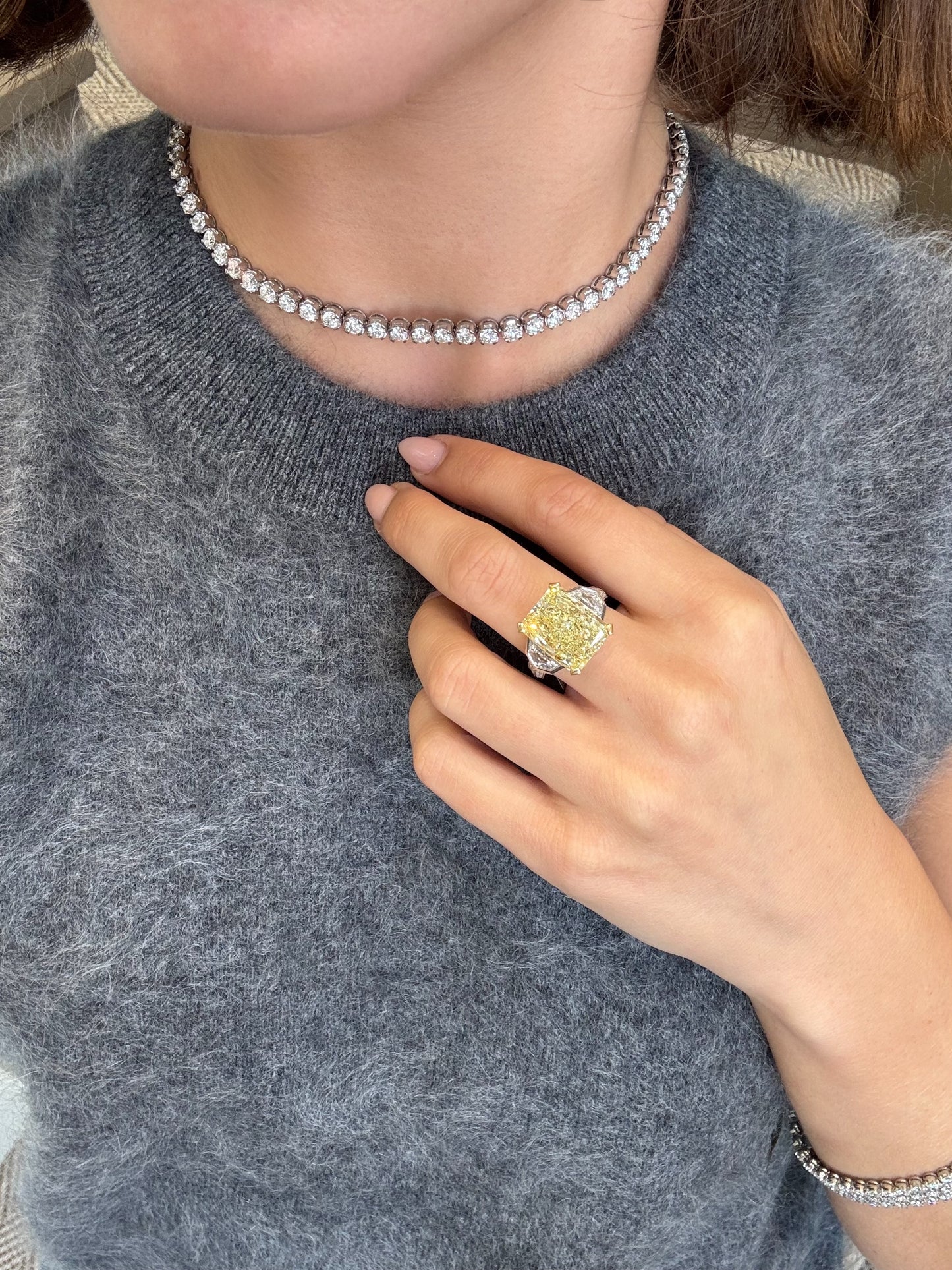 9.56ct Radiant Cut Yellow Diamond Three Stone Ring