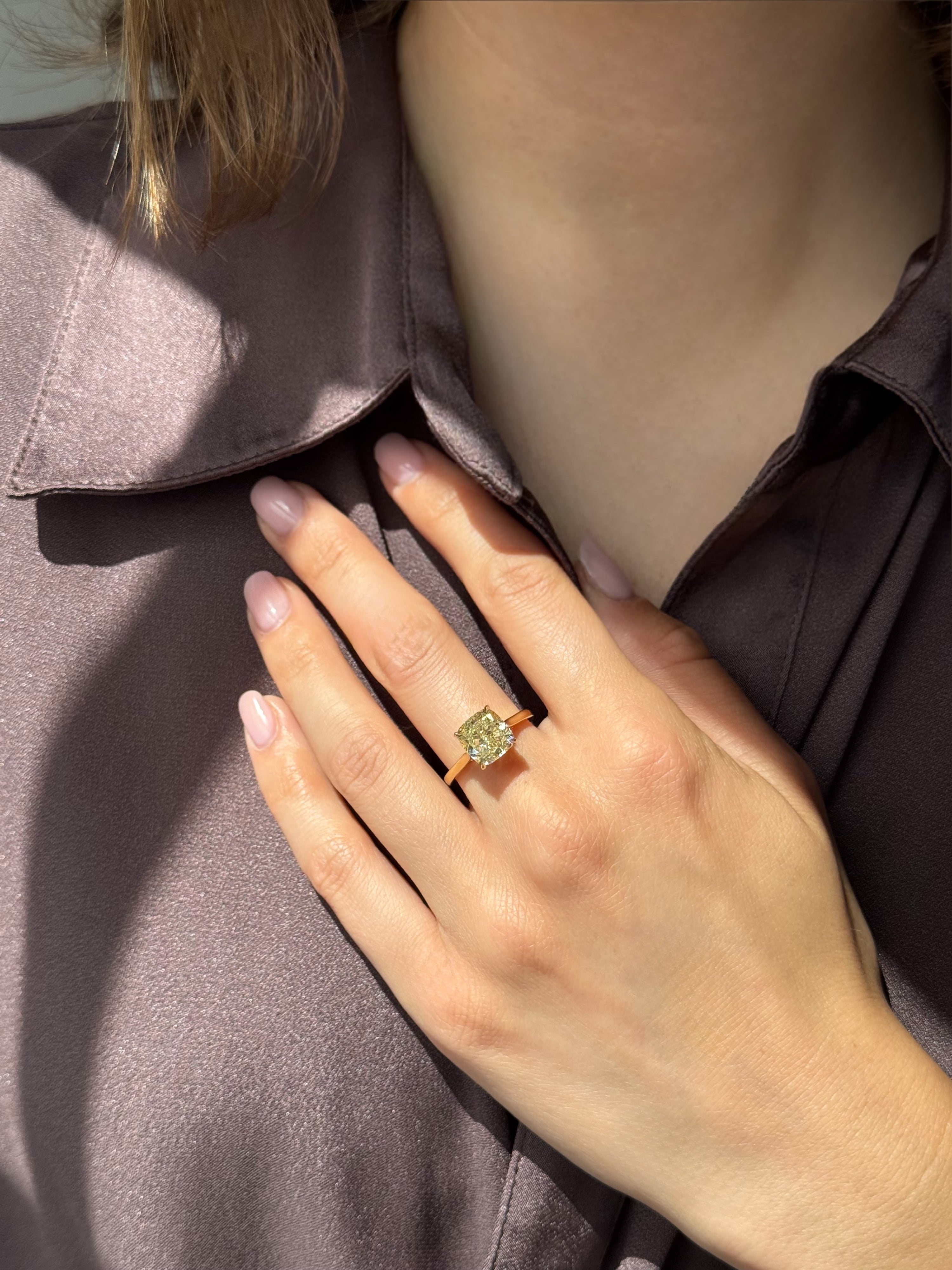 4.09ct Cushion Cut Yellow Diamond Solitaire Ring