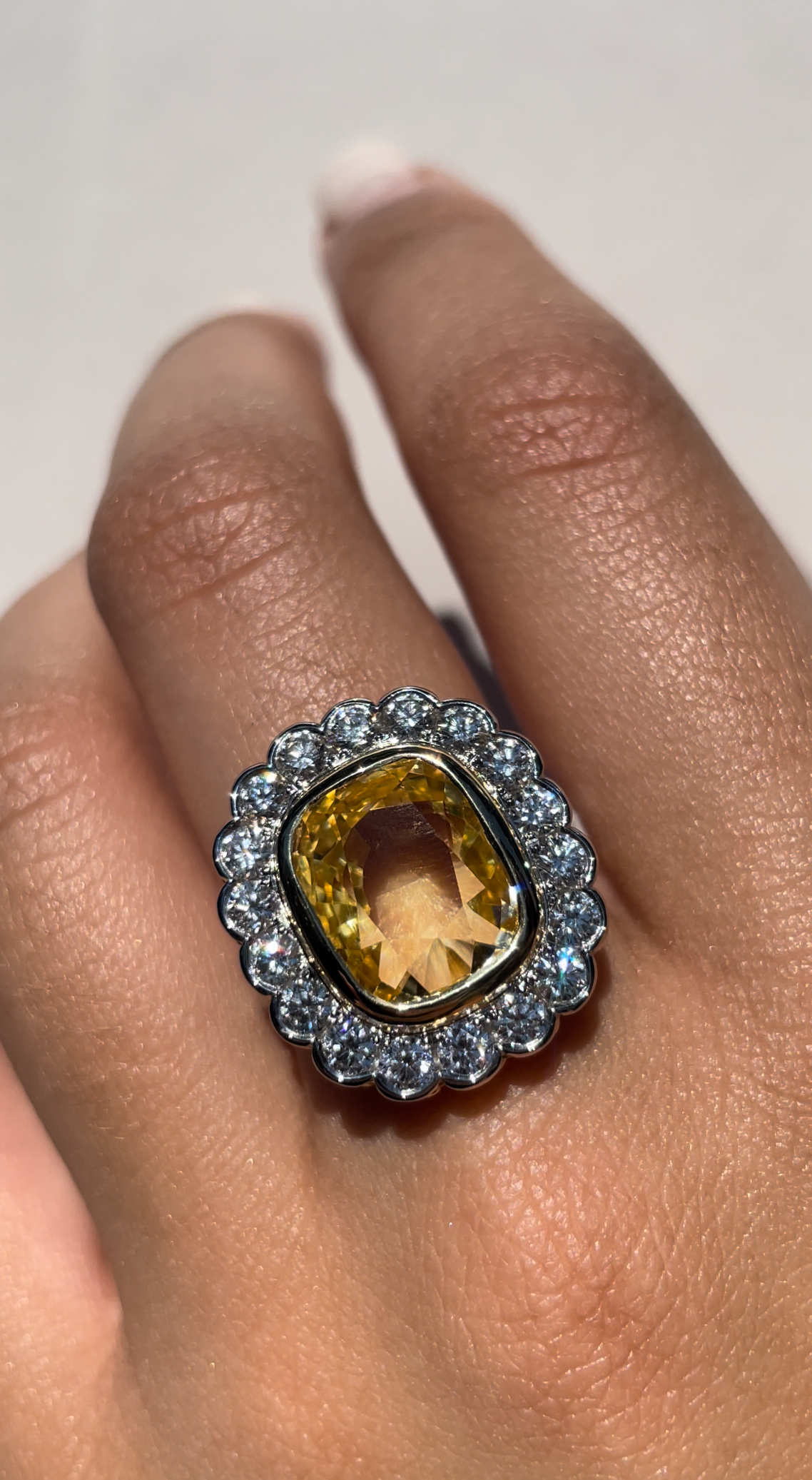 Cushion Cut Yellow Sapphire and Diamond Cluster Ring