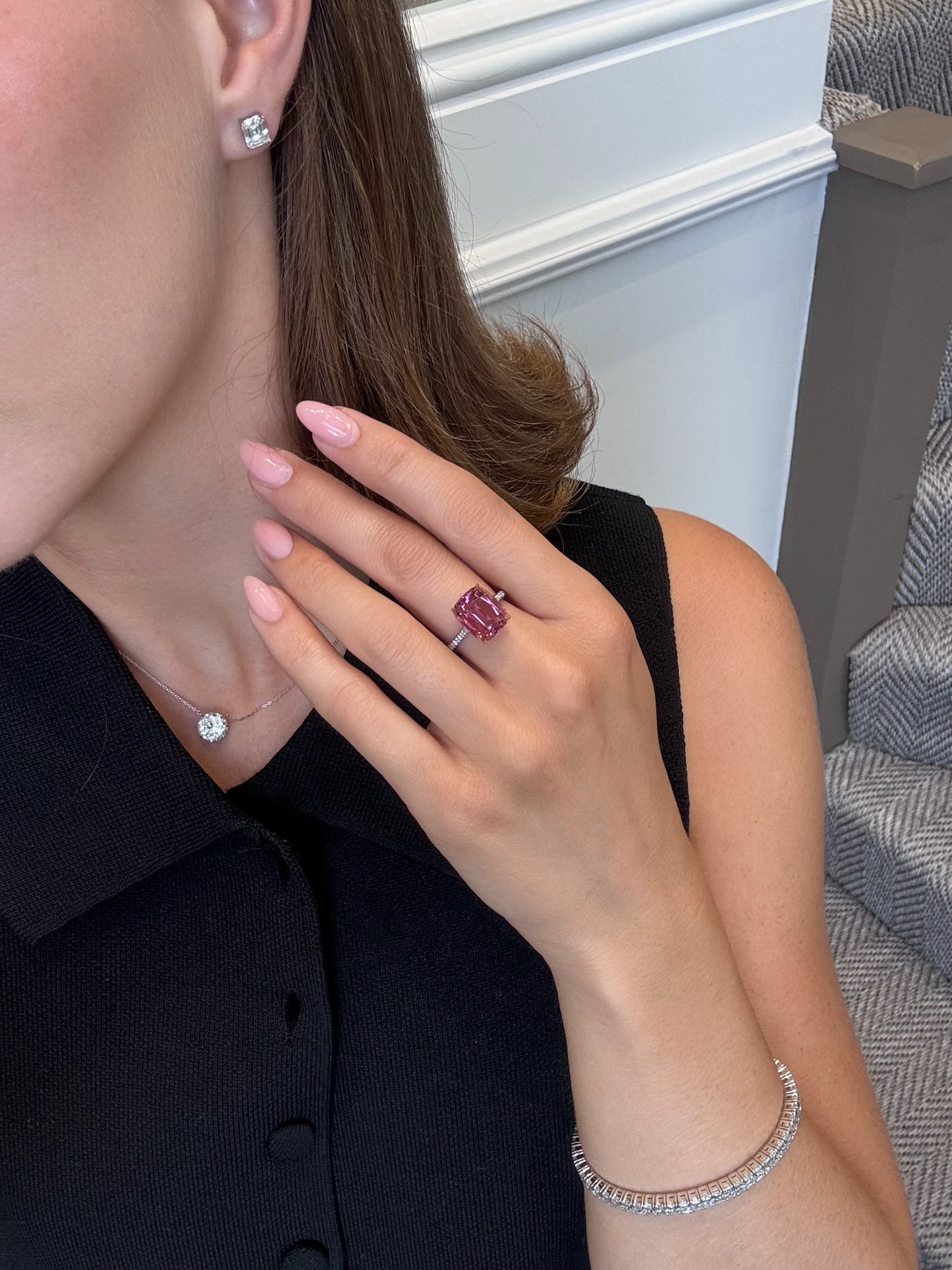 Pink Tourmaline Ring With Diamond Set Shoulders