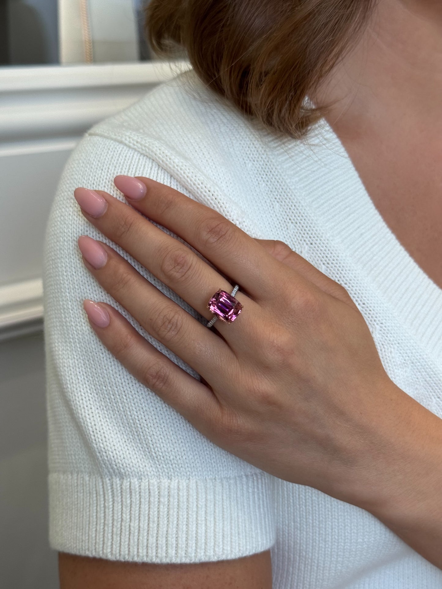 Pink Tourmaline Ring With Diamond Set Shoulders