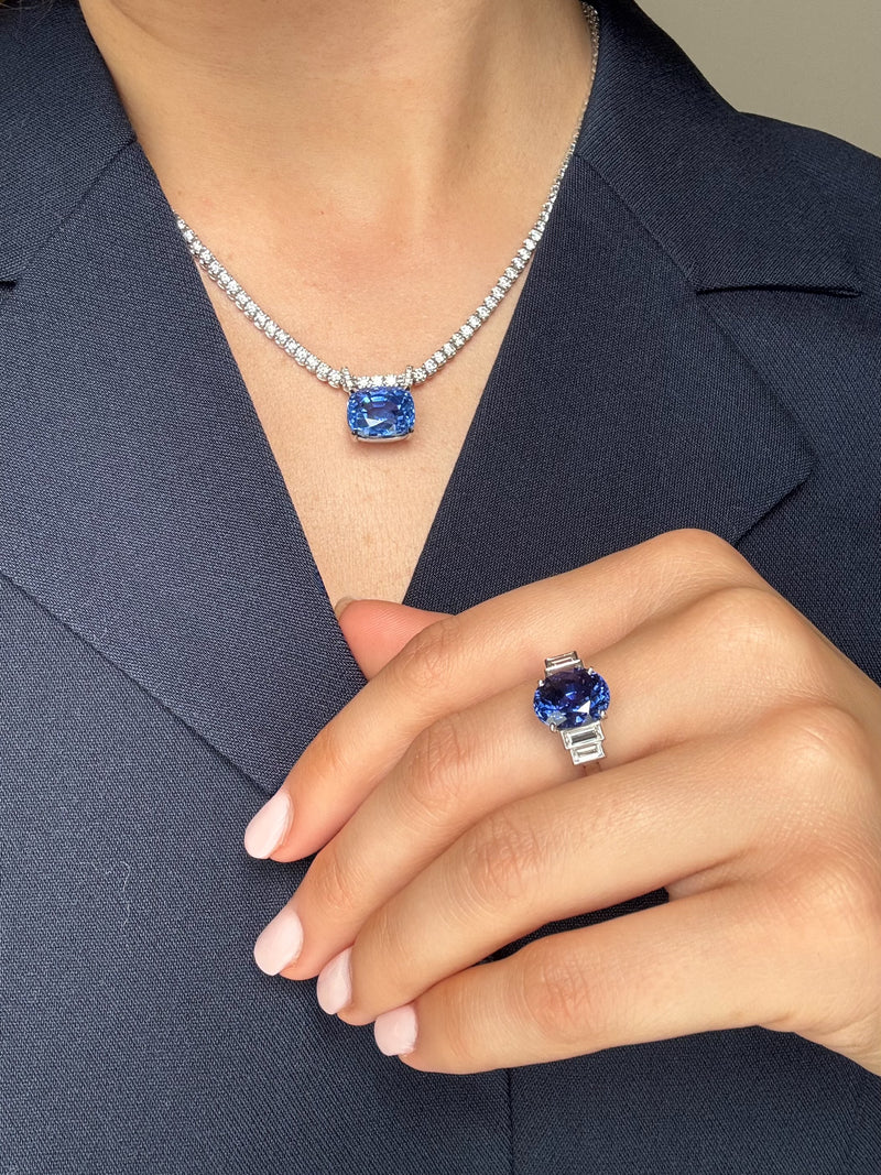 13.66ct Sapphire Pendant on Diamond Line Necklace