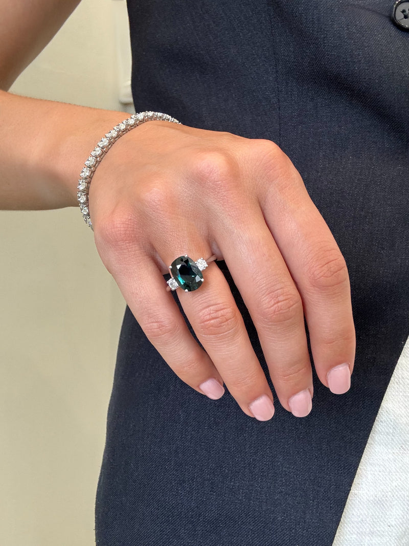 4.13ct Teal Sapphire and Diamond Three Stone Ring