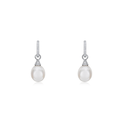 Pearl and Diamond Drop Hoop Earrings