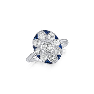 Sapphire and Old-Cut Diamond Cluster Ring