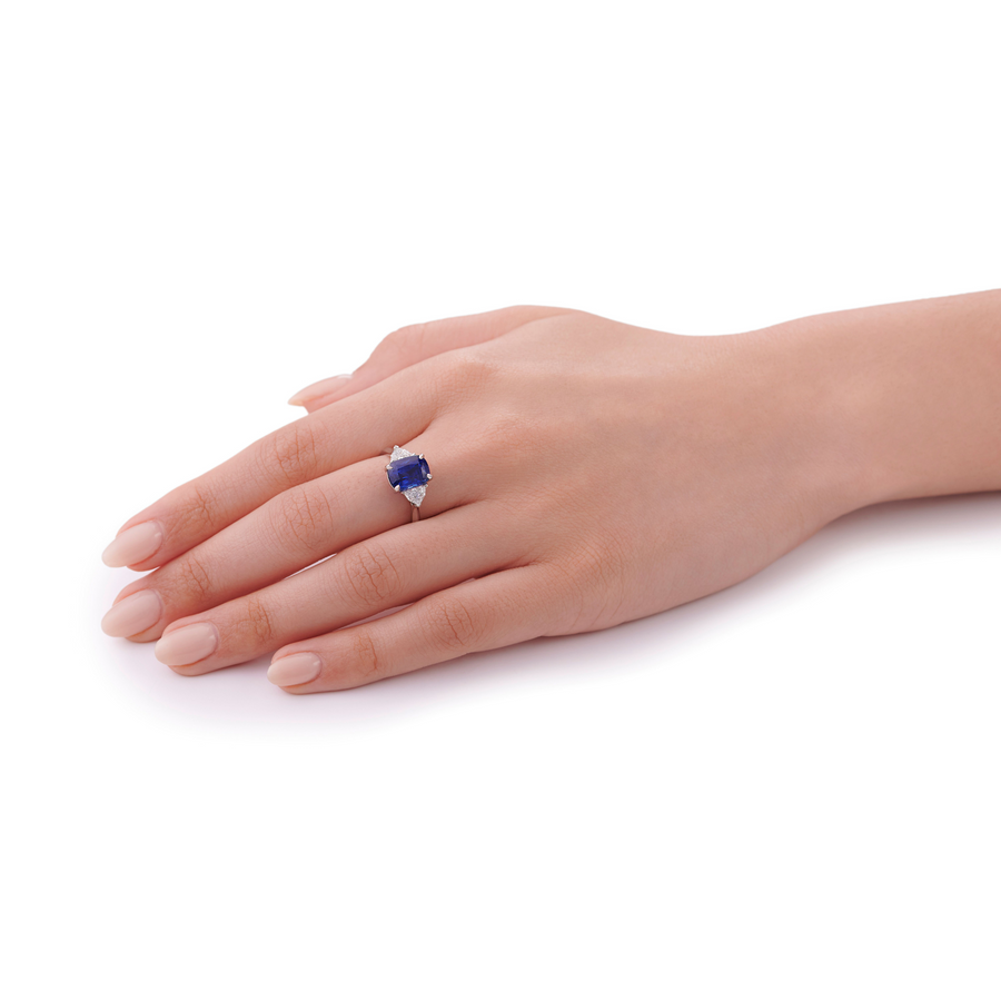 4.10cts Cushion Sapphire and Diamond Three Stone Ring
