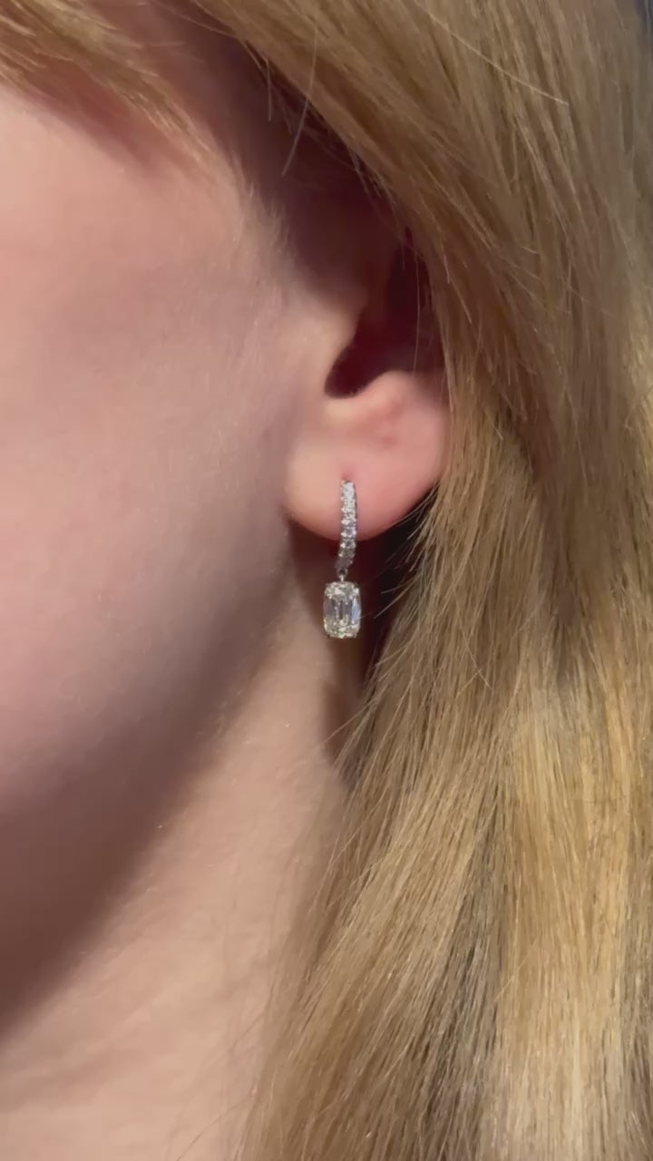 1.84cts Cushion-Cut Diamond Drop Hoop Earrings