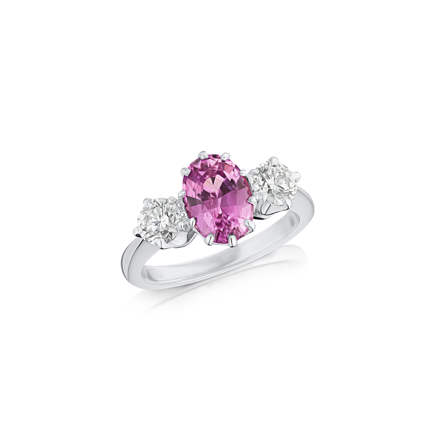 Pink Sapphire and Diamond Three Stone Ring