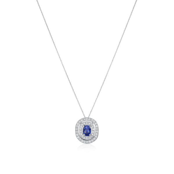 1.43cts Oval-Shape Sapphire and Diamond Double Halo Pendant