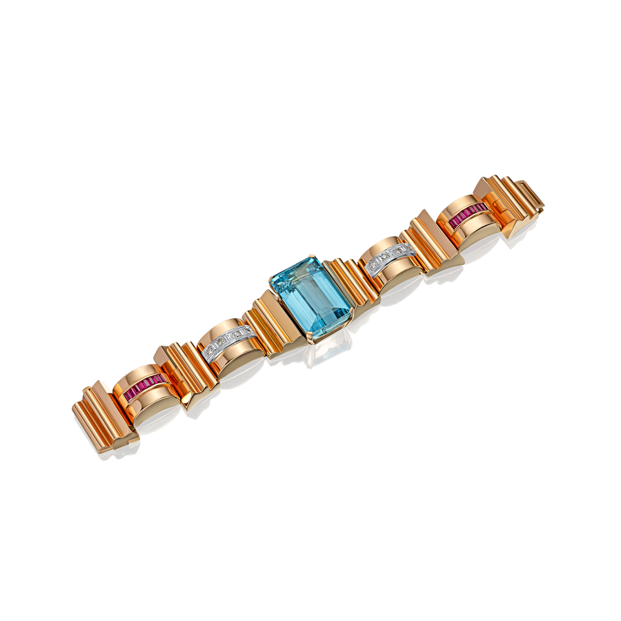 Aquamarine, Diamond & Ruby 1940's Bracelet