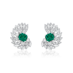 Ammonite Shape Emerald and Diamond Cluster Earrings
