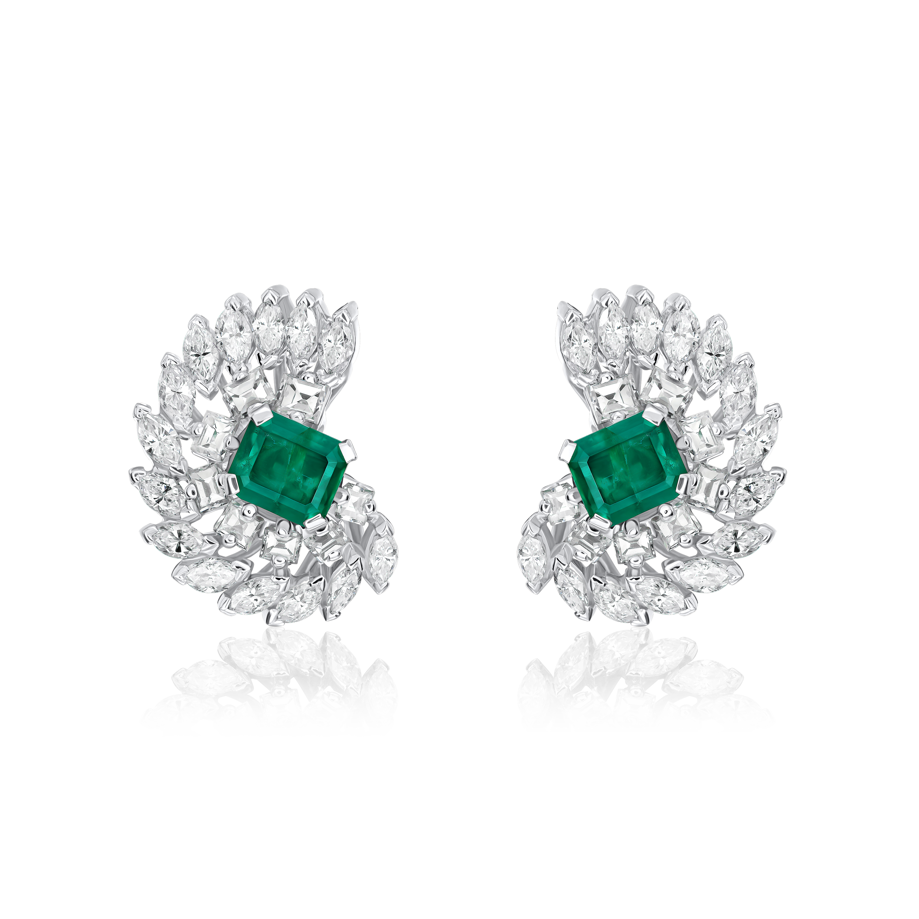 Ammonite Shape Emerald and Diamond Cluster Earrings