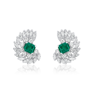 Ammonite Shape Emerald and Diamond Cluster Earrings
