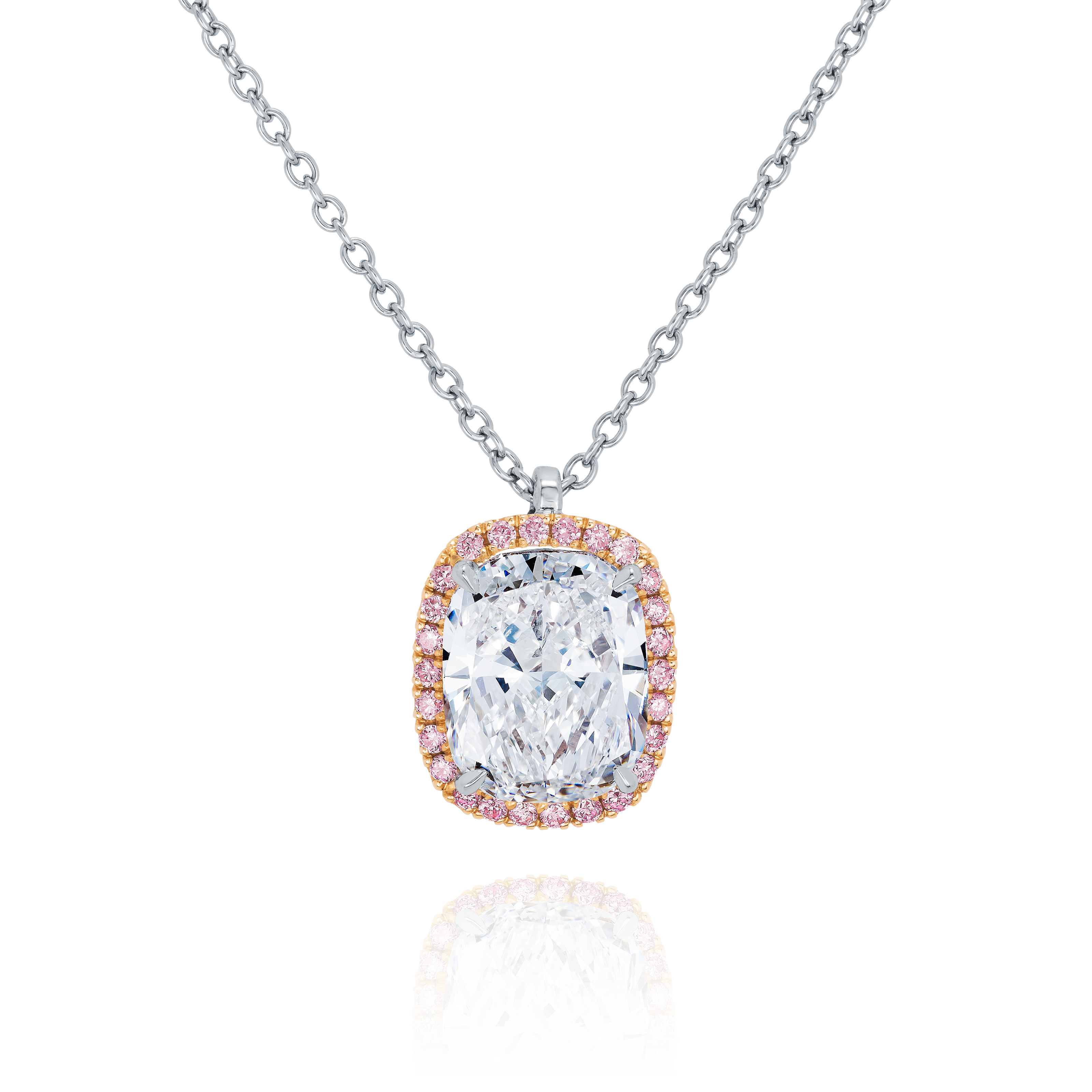 Cushion Cut Diamond Pendant With Pink Diamond Surround