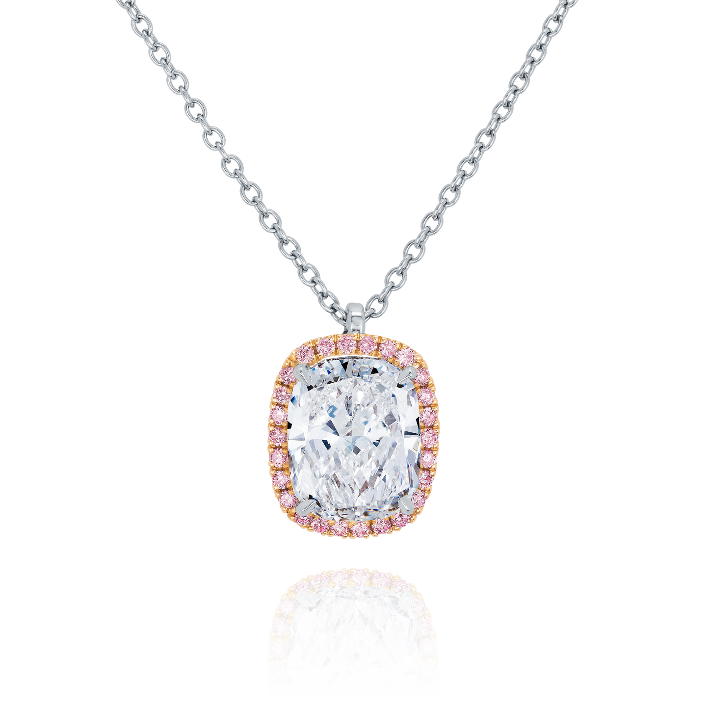 Cushion Cut Diamond Pendant With Pink Diamond Surround