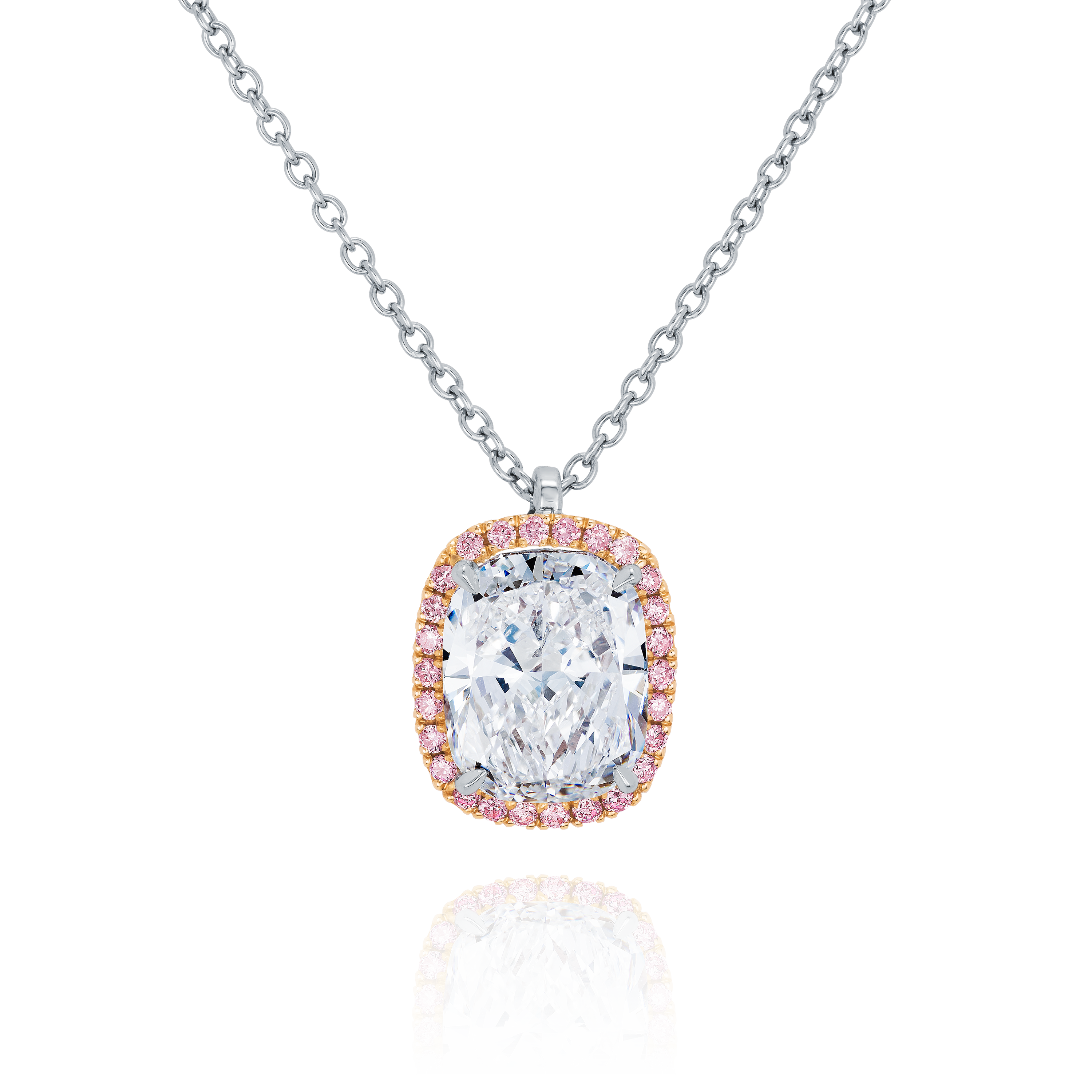 Cushion Cut Diamond Pendant With Pink Diamond Surround